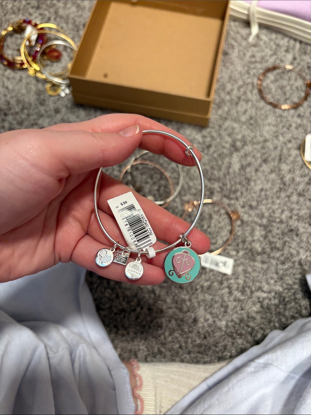Alex and Ani Silver Bangle Bracelet with Mint and Pink Charm